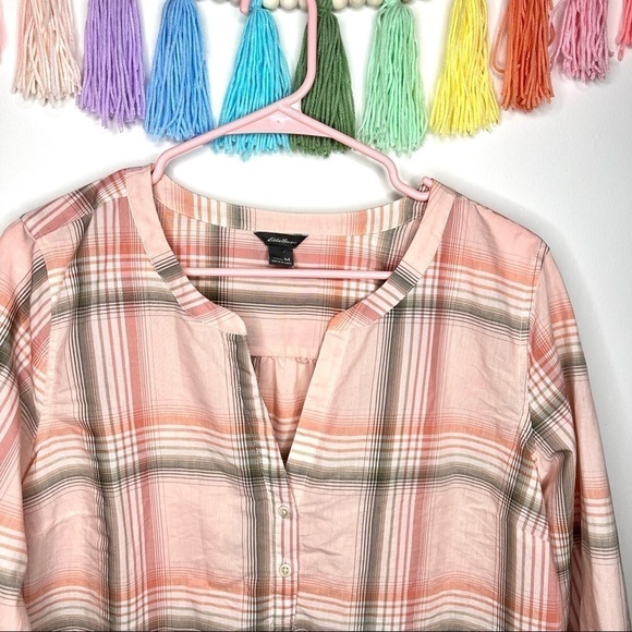 Eddie Bauer Pastel Pink Plaid V-Neck 3/4 Sleeve Blouse Top Shirt Size Medium - Picture 3 of 15